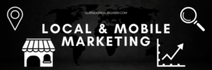 Icons representing local and mobile marketing strategies with a world map background, including a store, location pin, magnifying glass, and growth chart.