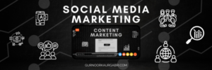 Social media marketing banner featuring a smartphone screen with content marketing elements and digital marketing icons on a dark background