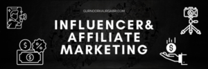 A banner image of Influencer and Affiliate marketing with vector elements related to social media and influencers.