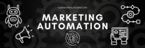 Marketing automation icons including chatbot, megaphone, workflow, and touchscreen over gear background
