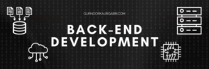 Back-end development banner with technology icons on a binary code background